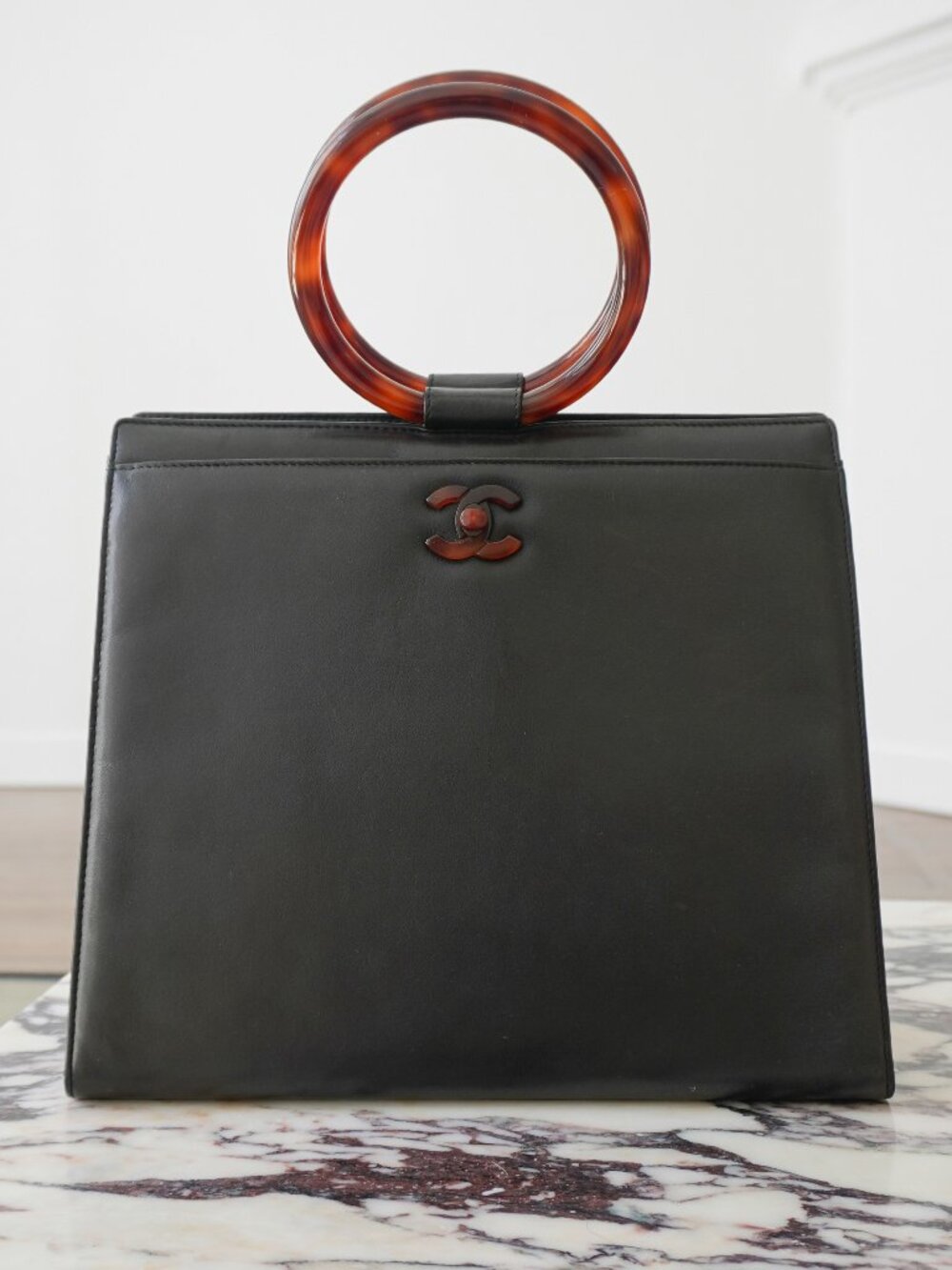 CHANEL Rare Vintage Tortoiseshell Ring Handle Bag 1997-1999